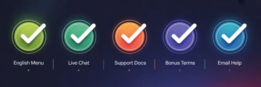 Checklist showing essential English language support features: menu navigation, live chat, bonus terms, banking pages, and FAQ sections