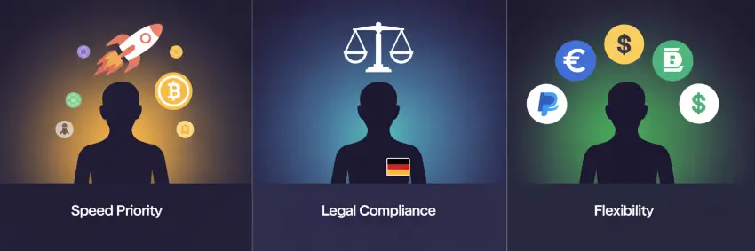 Flowchart: Prefer crypto? Pick Vave or Hugo. For PayPal, go with StarGames or JackpotPiraten. For an no deposit bonus, F1 Casino is a selection.
