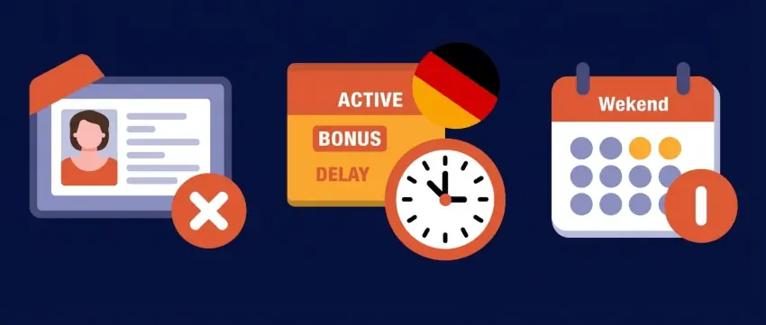 Warning infographic showing casino withdrawal delay triggers: blurry documents, active bonuses, weekend requests for German players