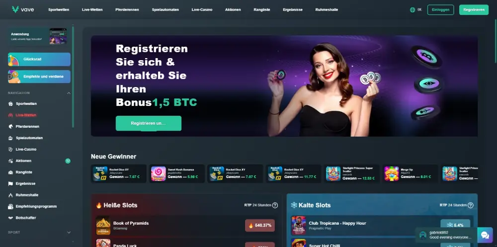 Vave casino homepage with crypto game options