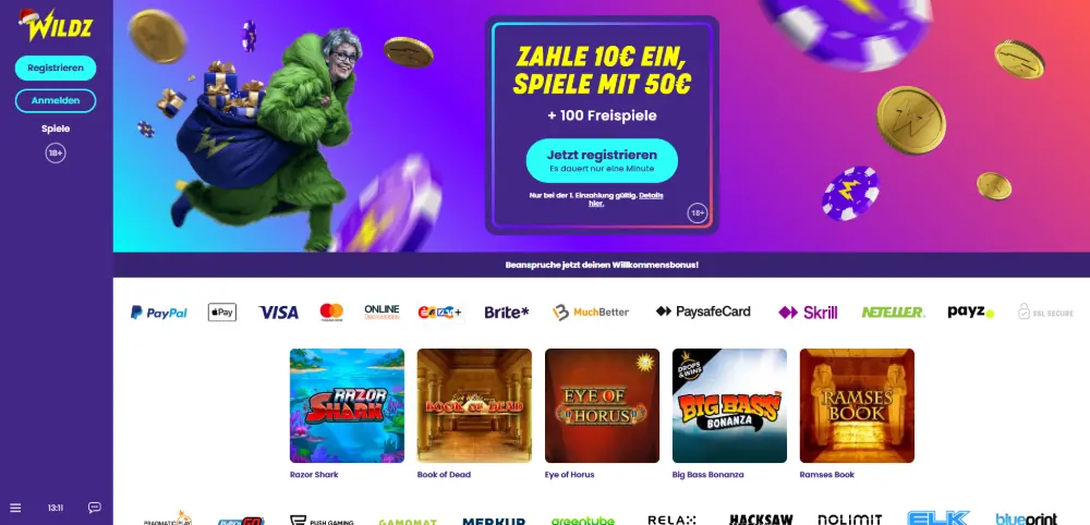 Wildz casino homepage showing payment options and Malta licence