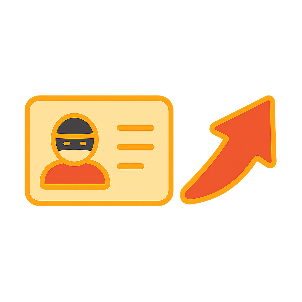 Warning icon showing a masked figure on an ID card with an upward arrow, symbolizing the increased risk of identity theft at unlicensed online casinos