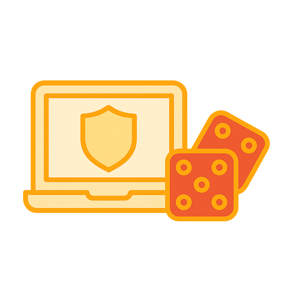 Picture of a laptop showing a shield and two dice, meaning these casinos have legal and safe permission to operate