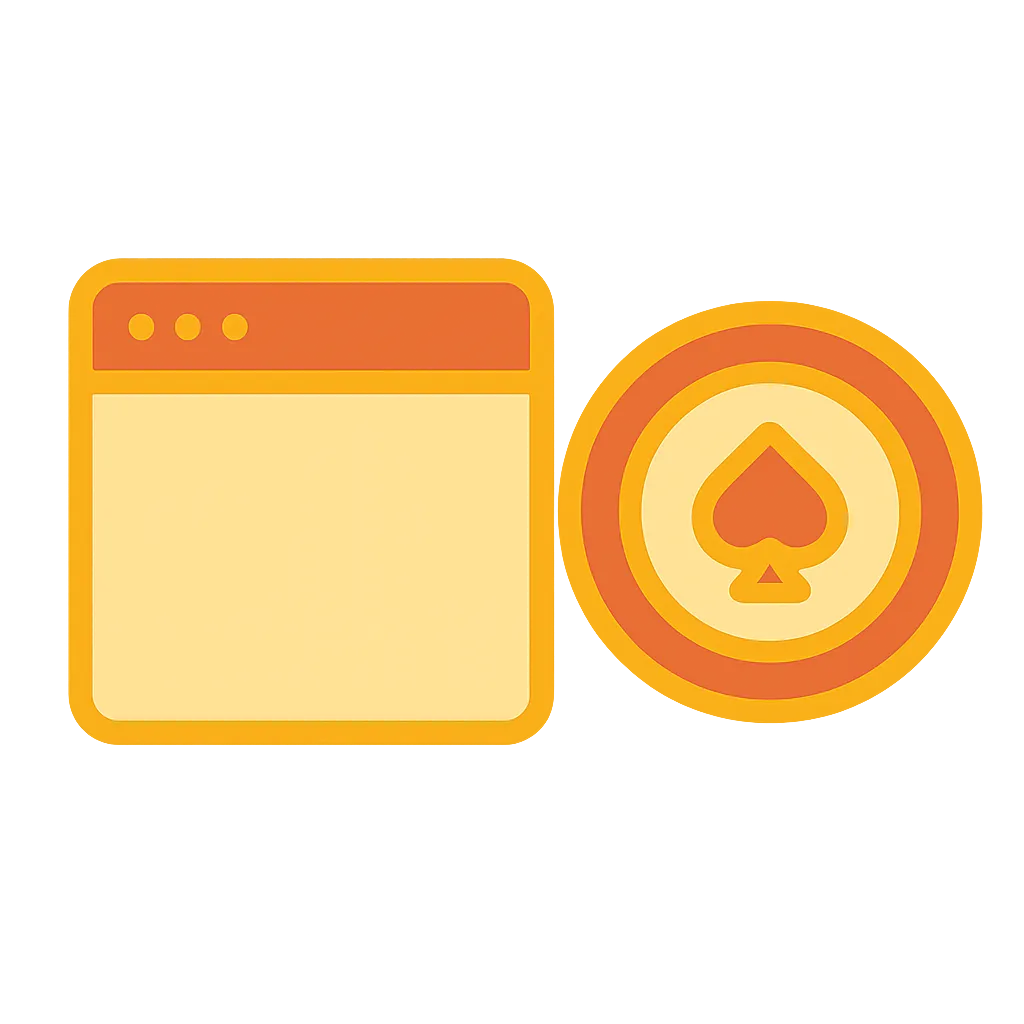 Illustration of a browser window beside a glowing casino chip, symbolizing browser-based casino apps and online gaming access without downloads