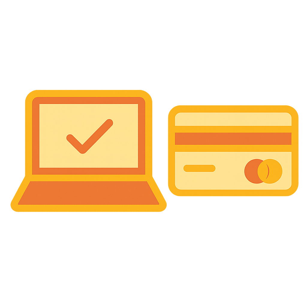 A laptop with a confirmation tick next to a bank card, showing secure mobile casino payment processing