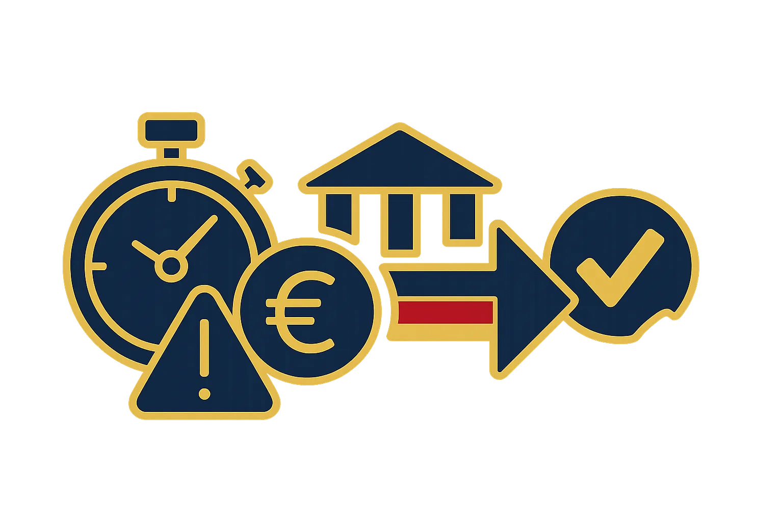 Illustration of licensing and payout verification for new casinos in Germany, with a stopwatch, euro symbol, bank icon and approval checkmark.