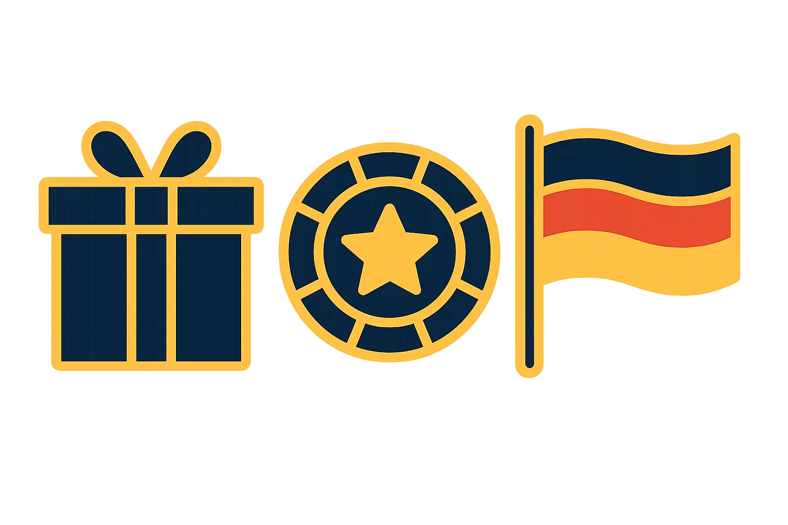 Icons representing new casino bonuses for German players, including a gift box, a casino chip with a star, and a German flag.