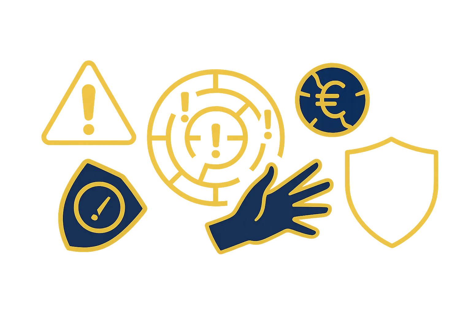 Graphic showing potential risks at new online casinos for German players, including warning signs, euro symbols, verification icons and security shields.