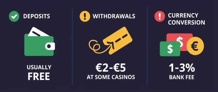 Credit card fees comparison showing deposits usually free, withdrawals 2-3% processing fee at some casinos, currency conversion 1-3% bank fee