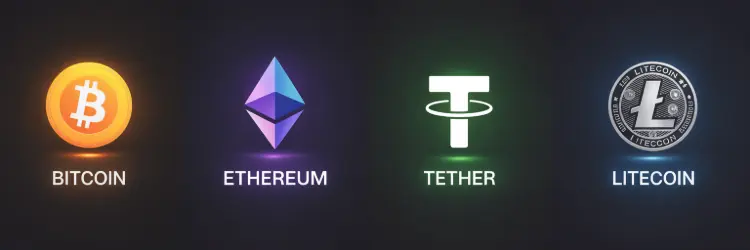 Popular cryptocurrencies accepted at German casinos including Bitcoin, Ethereum, Tether USDT, and Litecoin with their key features