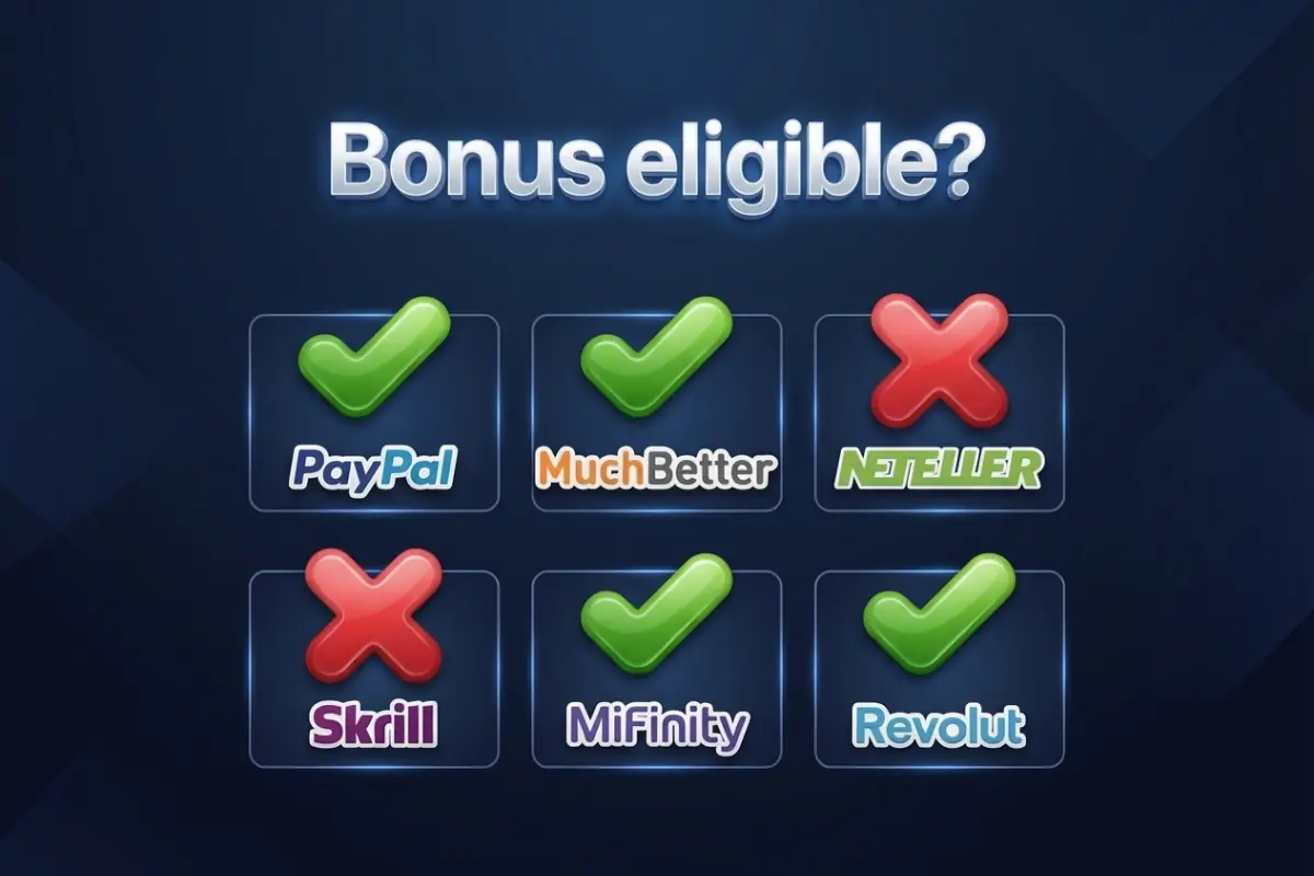 E-wallet comparison chart showing fees, speeds, and bonus eligibility for PayPal, Skrill, Neteller, Payz, MuchBetter, MiFinity, and Revolut