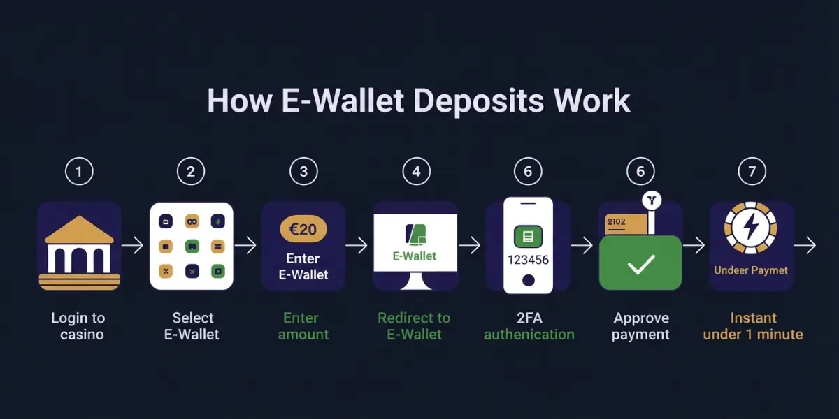 E-wallet deposit process flow diagram showing the 7 steps from casino cashier to instant balance credit