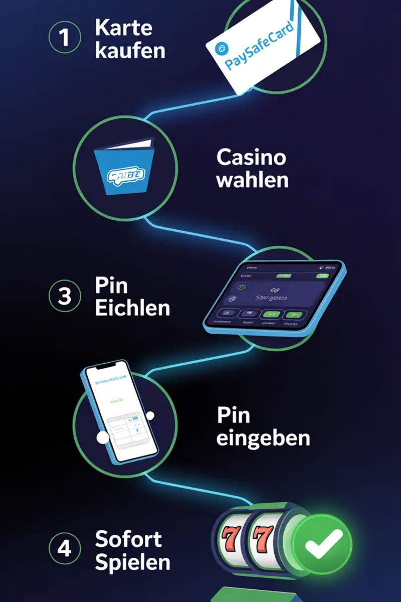 Paysafecard deposit process infographic showing 6 steps from purchase to casino deposit